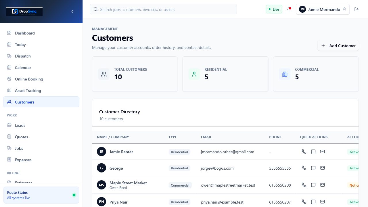 DropSynq customer management screen